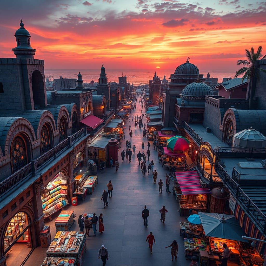 Futuristic Zanzibar Marketplace in Cyberpunk Digital Art Sty...