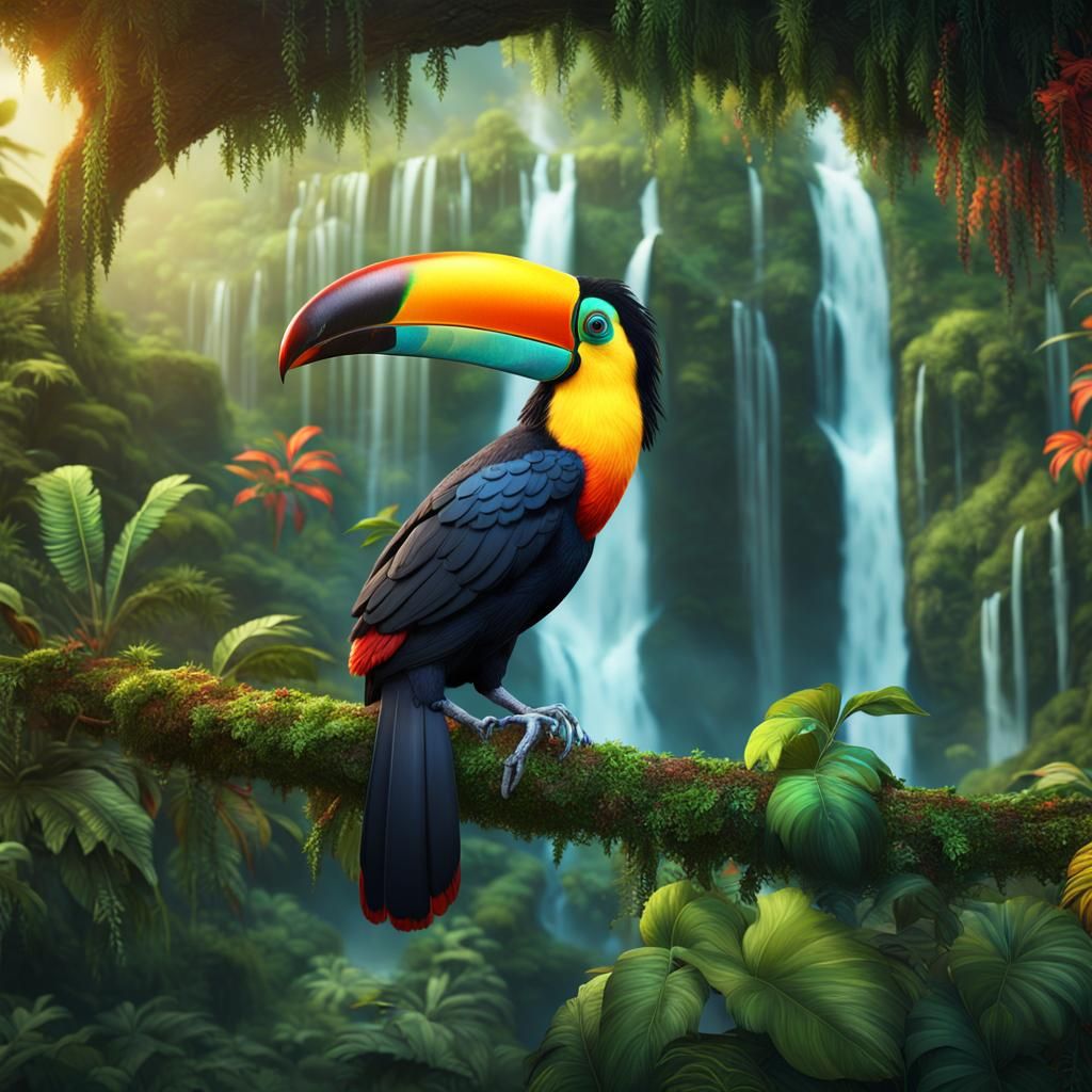 Colorful Toucan in Lush Rainforest: Digital Matte Painting