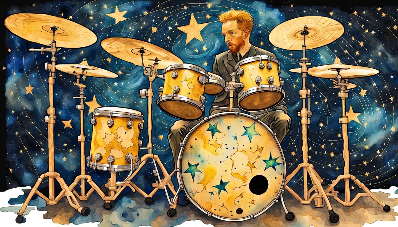 Surreal Drum Set in Starry Night Sky