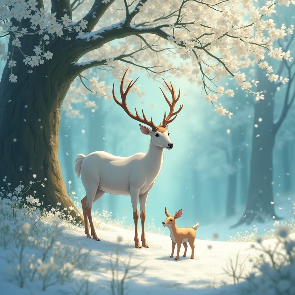 Stag Family Protected in Winter Forest, Ghibli Style