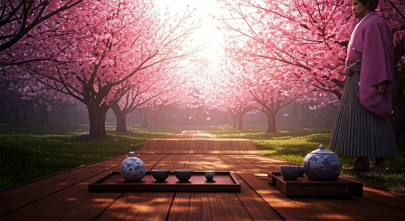 Calming Samurai in Cherry Blossom Garden