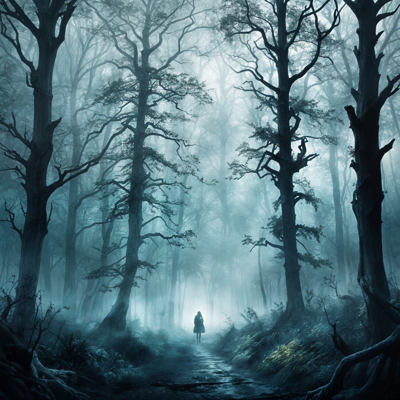 Autumn Foggy Forest Concept Art with Mysterious Silhouettes