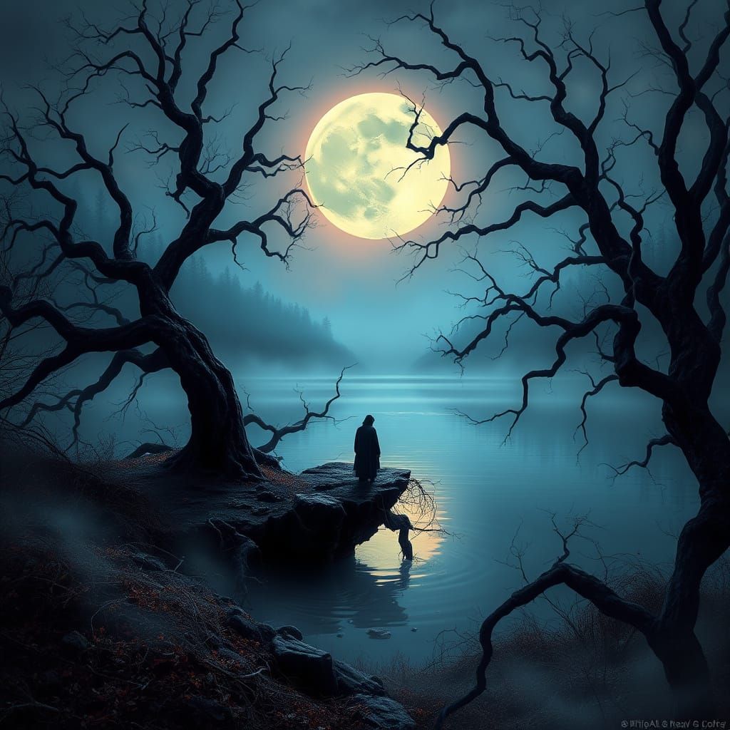 Eerie Moonlit Lake Scene in Surreal Style