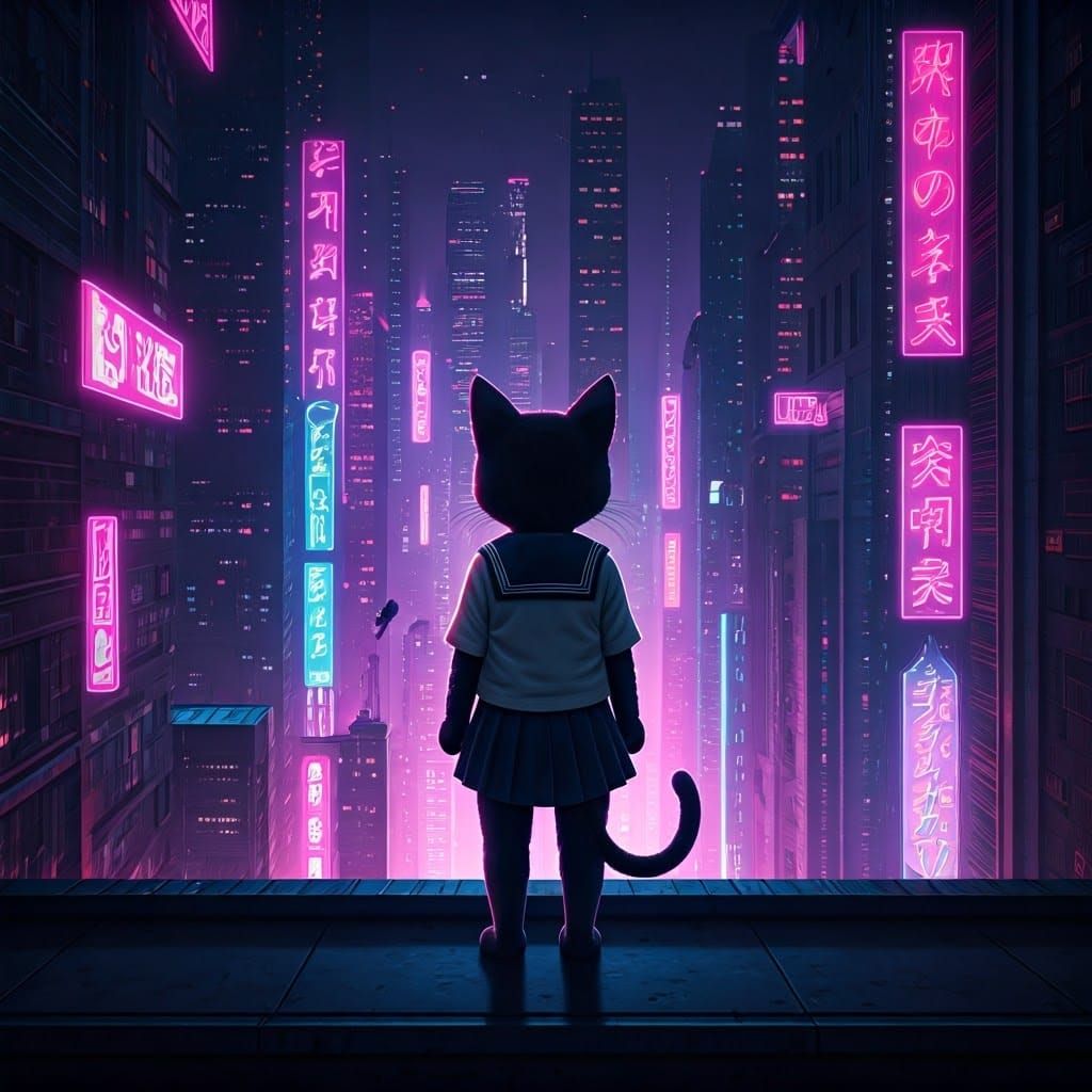 Cyberpunk Sailor Cat in Futuristic Metropolis