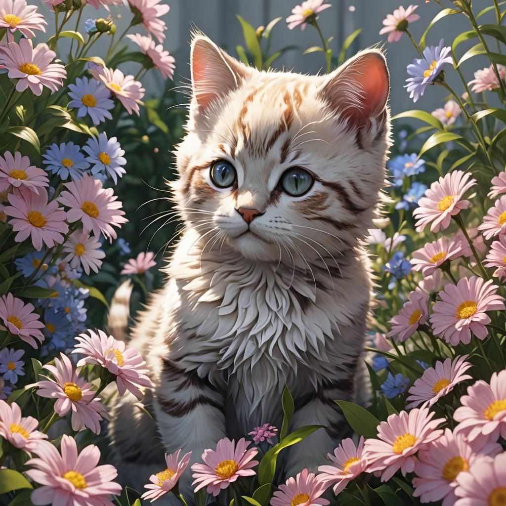 Kitten Smelling Flowers in Anime Art