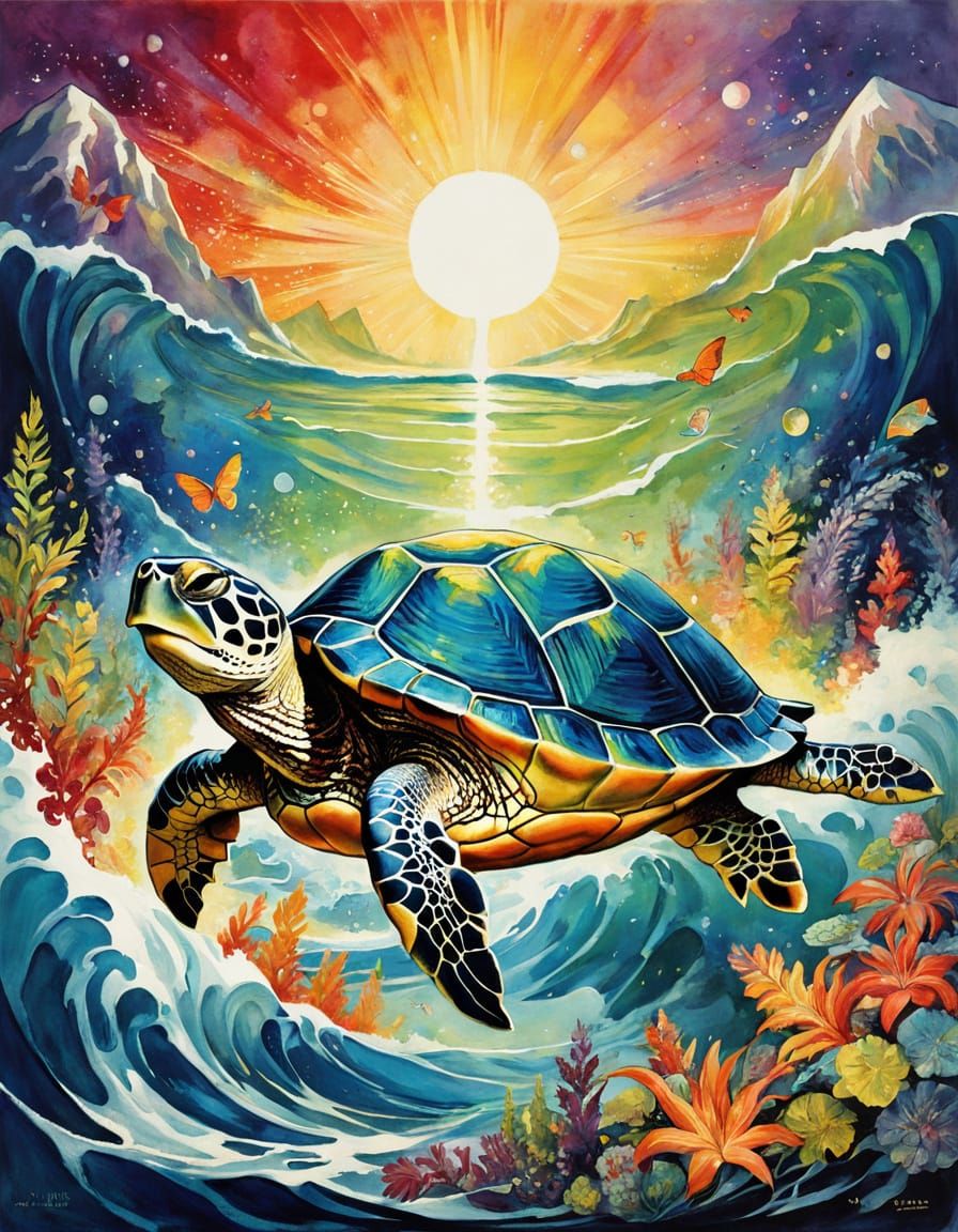 Singing turtle surrounded by musical notes.