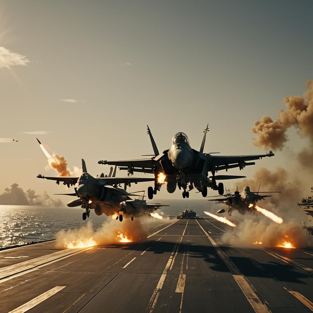 Aircraft Carrier Launches Fighter Jets: Cinematic Film Still