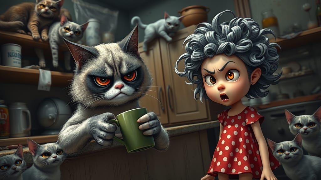 Dark Fantasy Chaos: Grumpy Cat and Furious Girl in a Haunted...