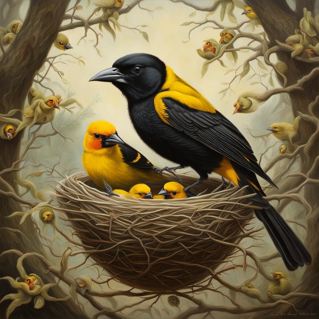 Black-Headed Oriole and its babies in a cupped nest. They make nests that hang between branches like cups.