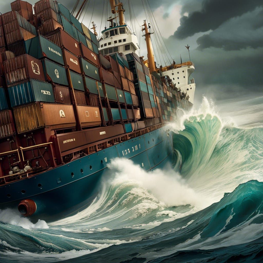 waves crashing onto cargo ship during a storm