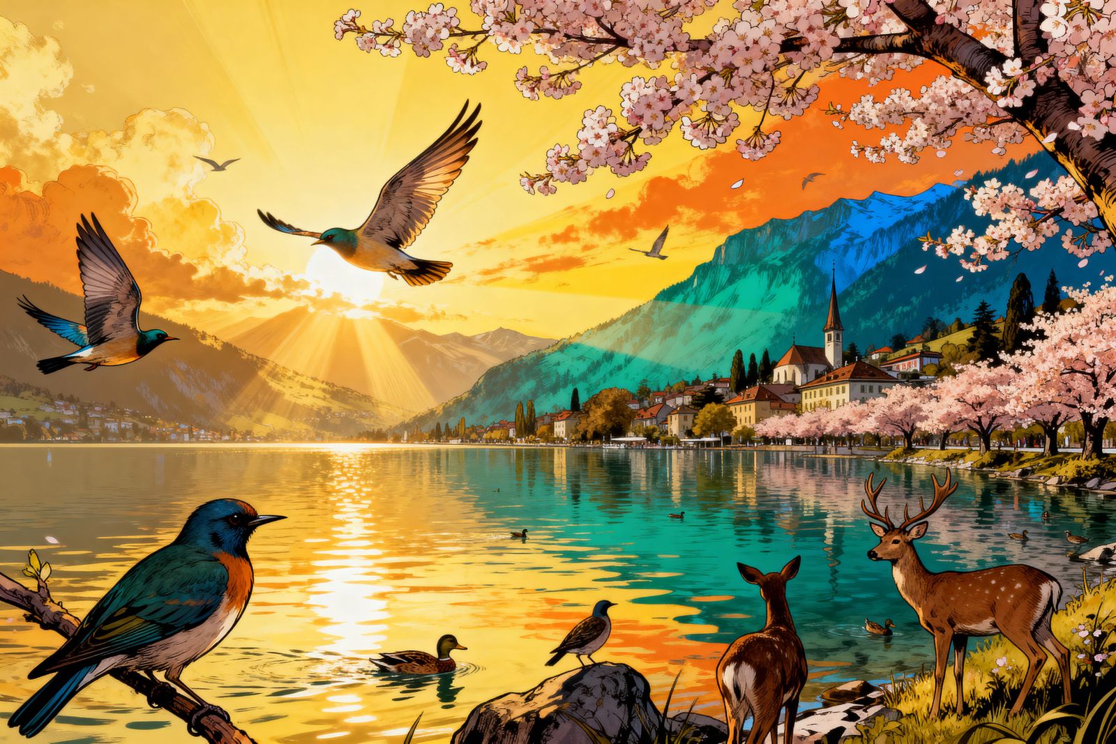 Panoramic Lake Morges Cherry Blossoms at Golden Hour