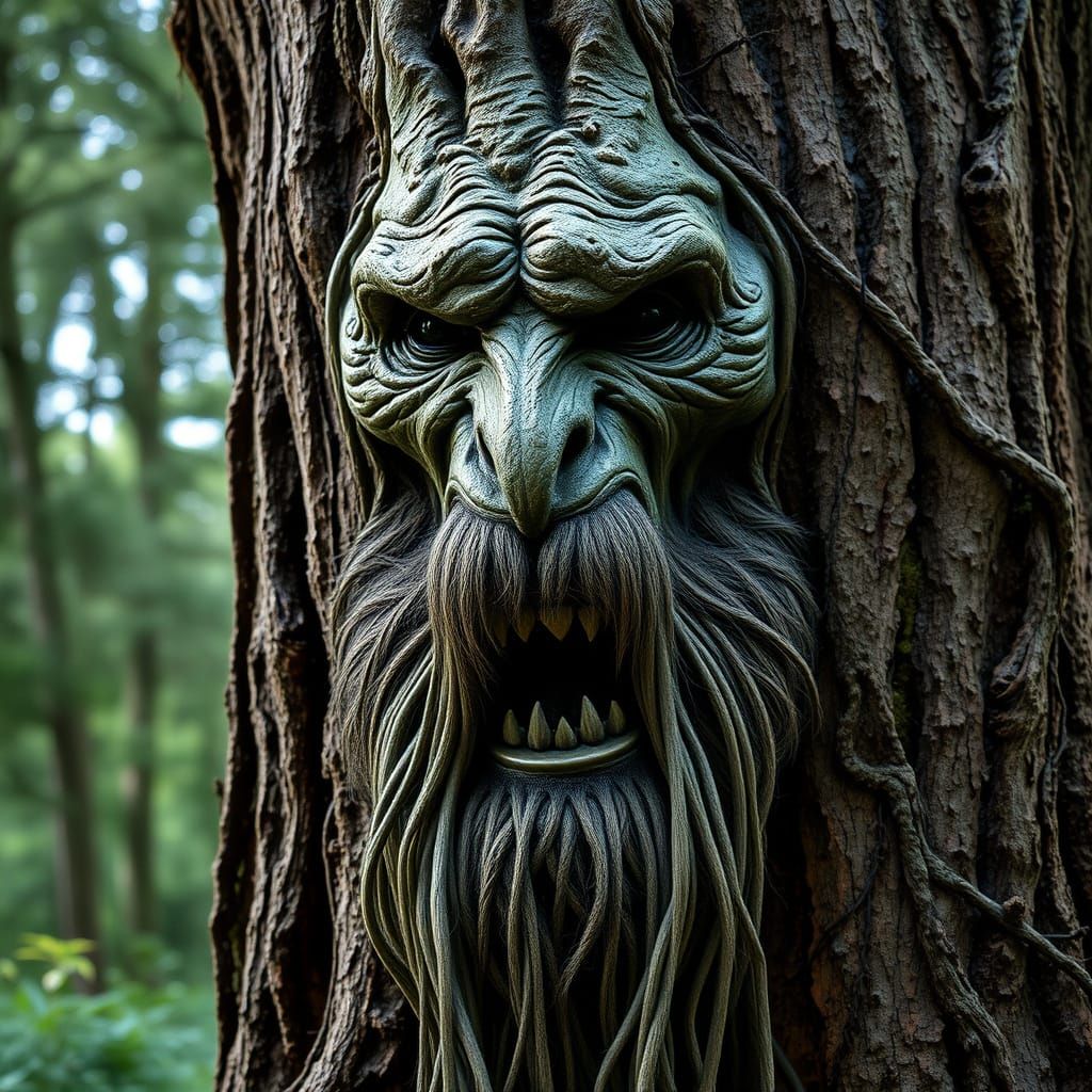 Ancient Pine God with Long Vine Beard in Mysterious Woodland