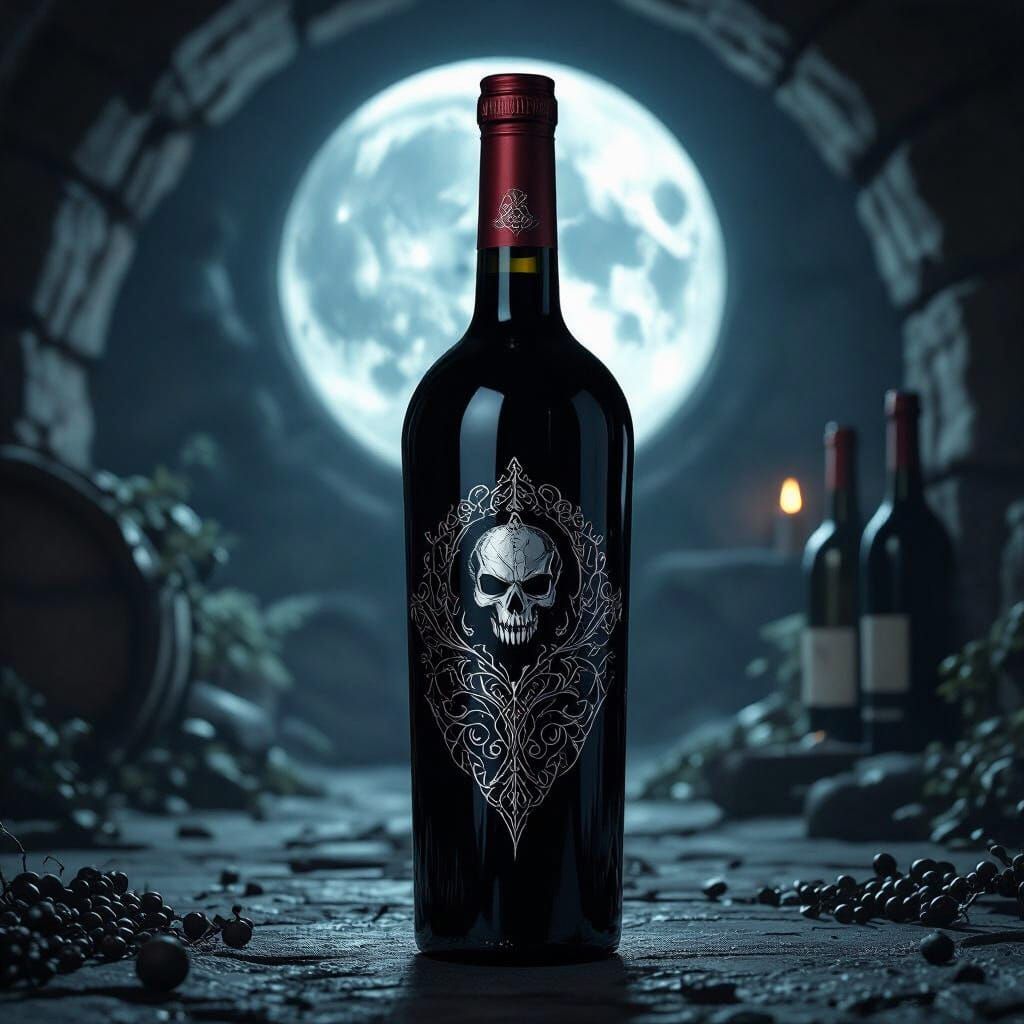 Vampire Wine Bottle with Silver Logo in Mystical Cellar