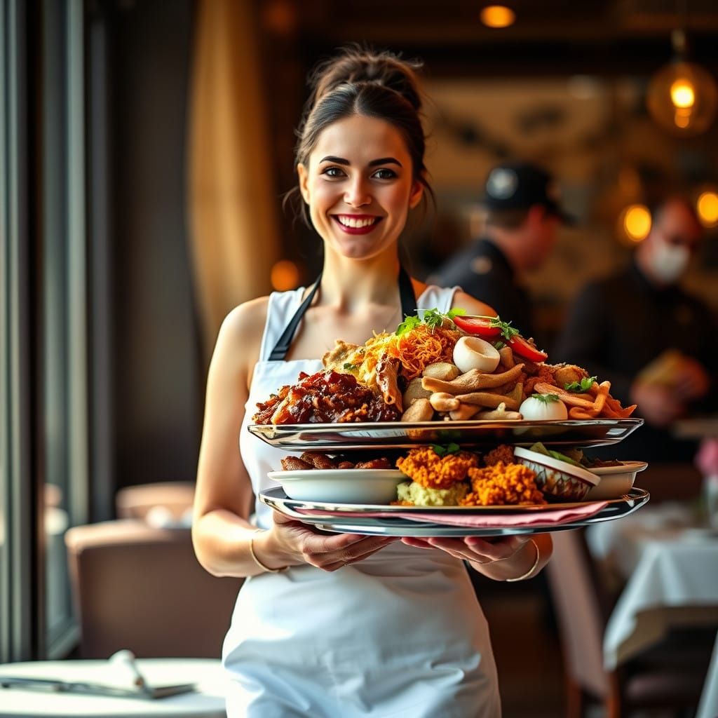 Confident Waitress Delivers a Hearty Feast