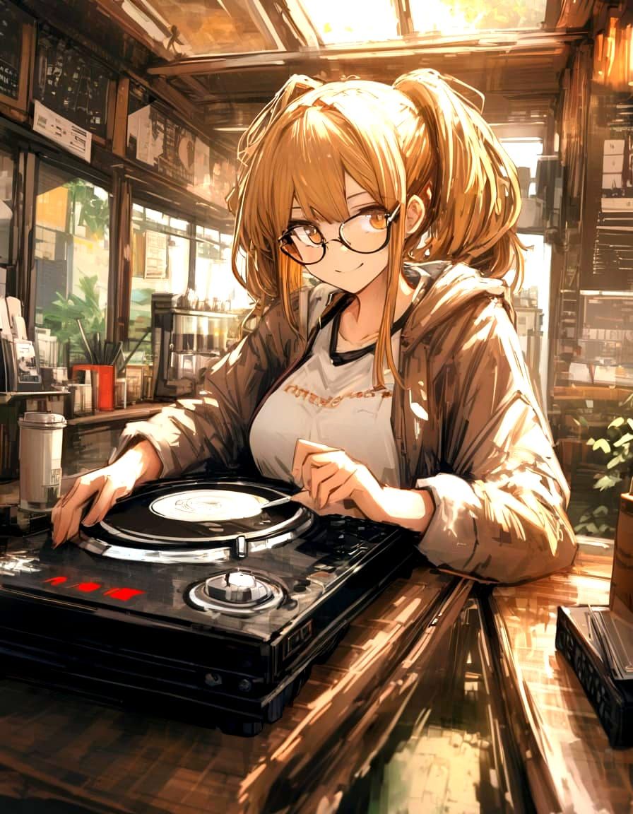 Barista Girl Spins Vinyl in a Cozy Coffee Shop