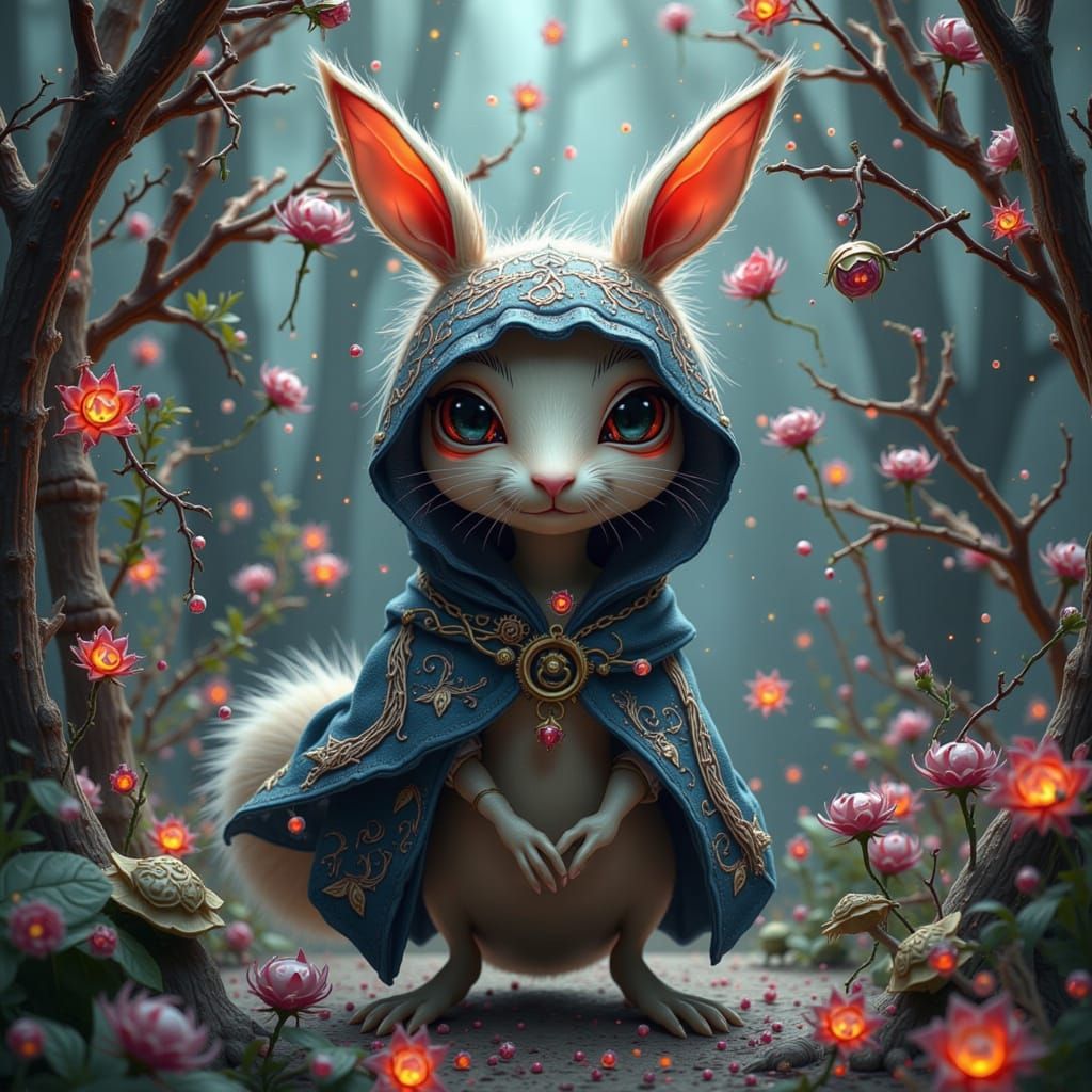 Whimsical Rabbit-Squirrel Lost in Thorny Maze