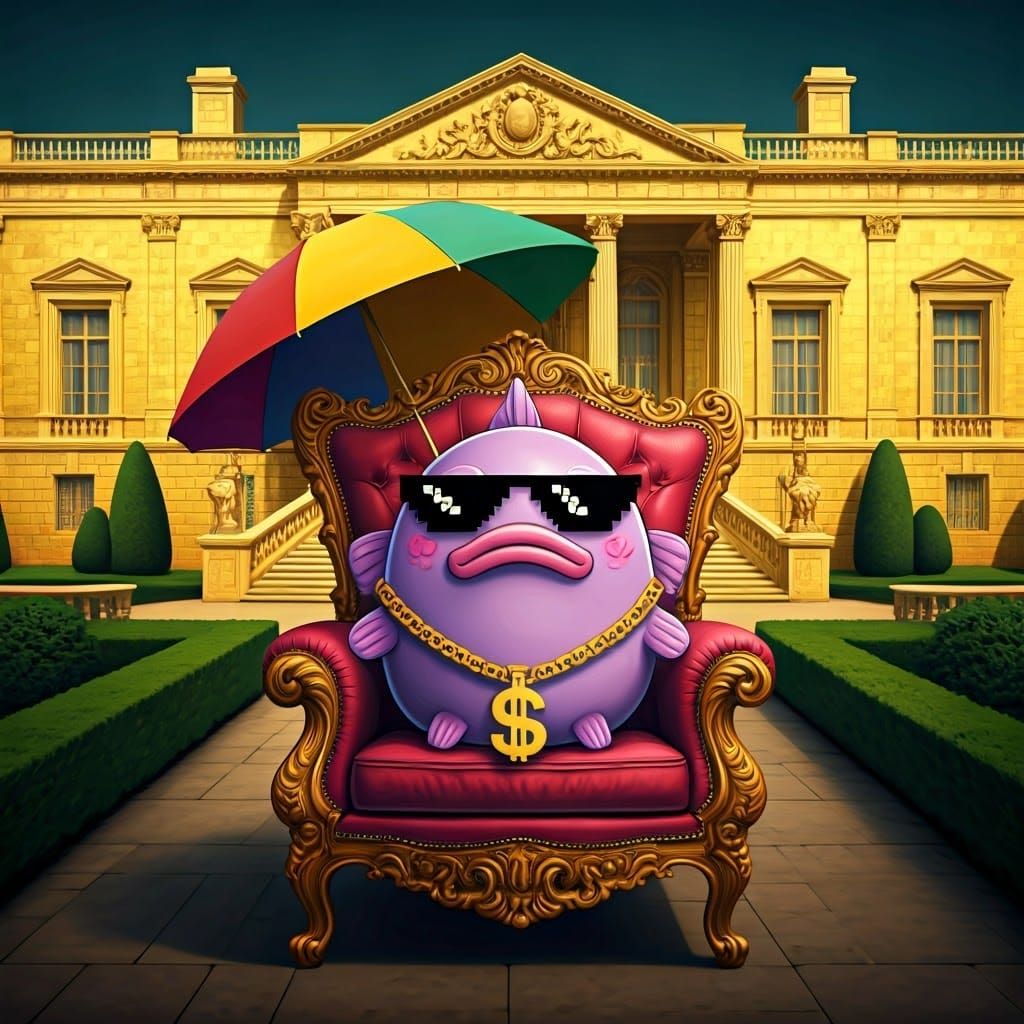 Golden Luxury, Kawaii Blobfish in Opulent Mansion