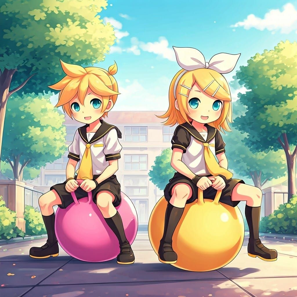 Anime Style Illustration of Twin Vocaloids at School
