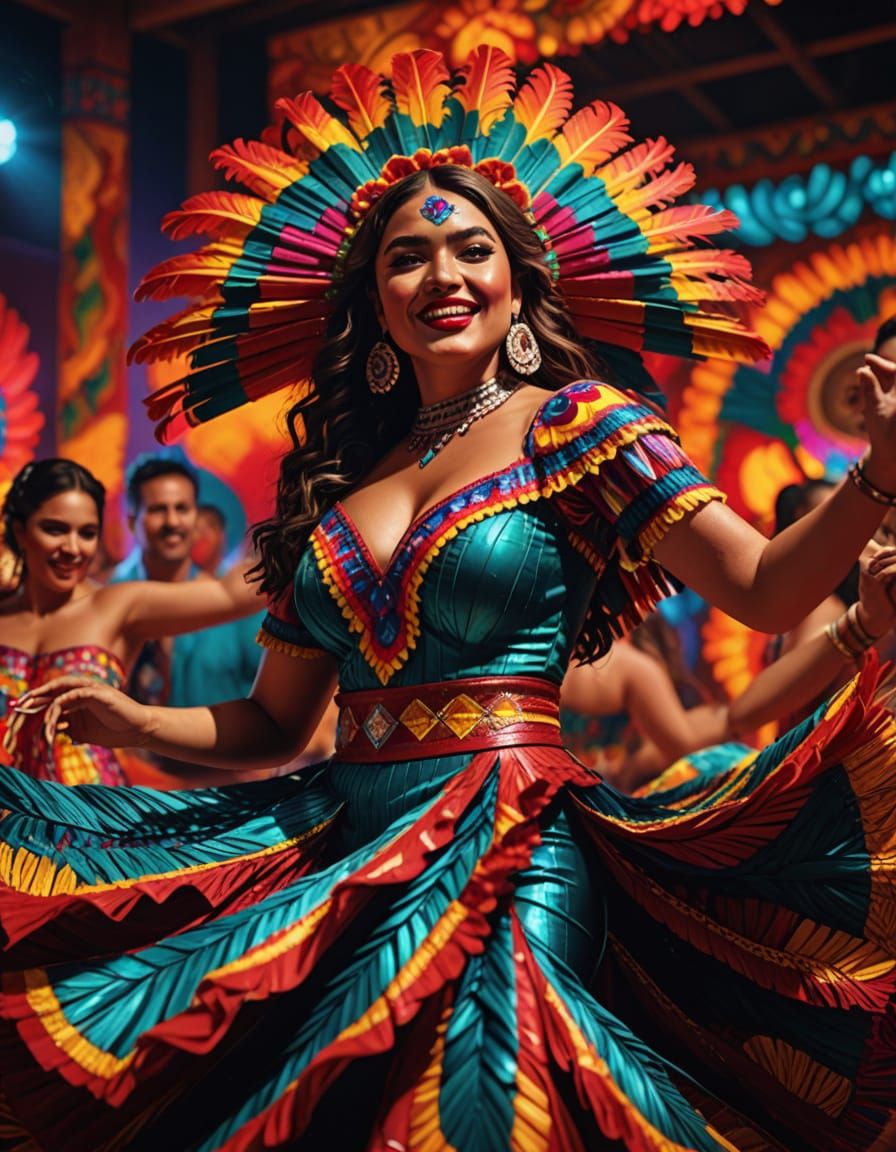 Curvy Mexican Woman Dancing in Vivid Digital Art