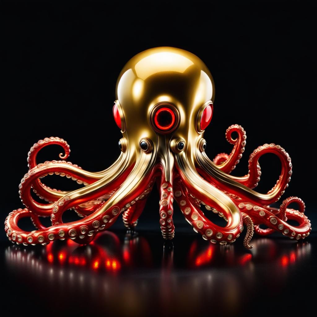 Golden Cyborg Octopus with Red Swirls
