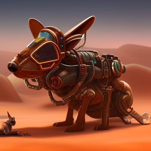 Steampunk Cyborg Kangaroo in Desert Landscape
