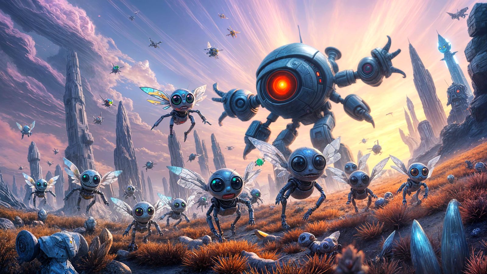 Cyberpunk Dreamscapes: Iridescent Robots vs. Menacing Metal ...