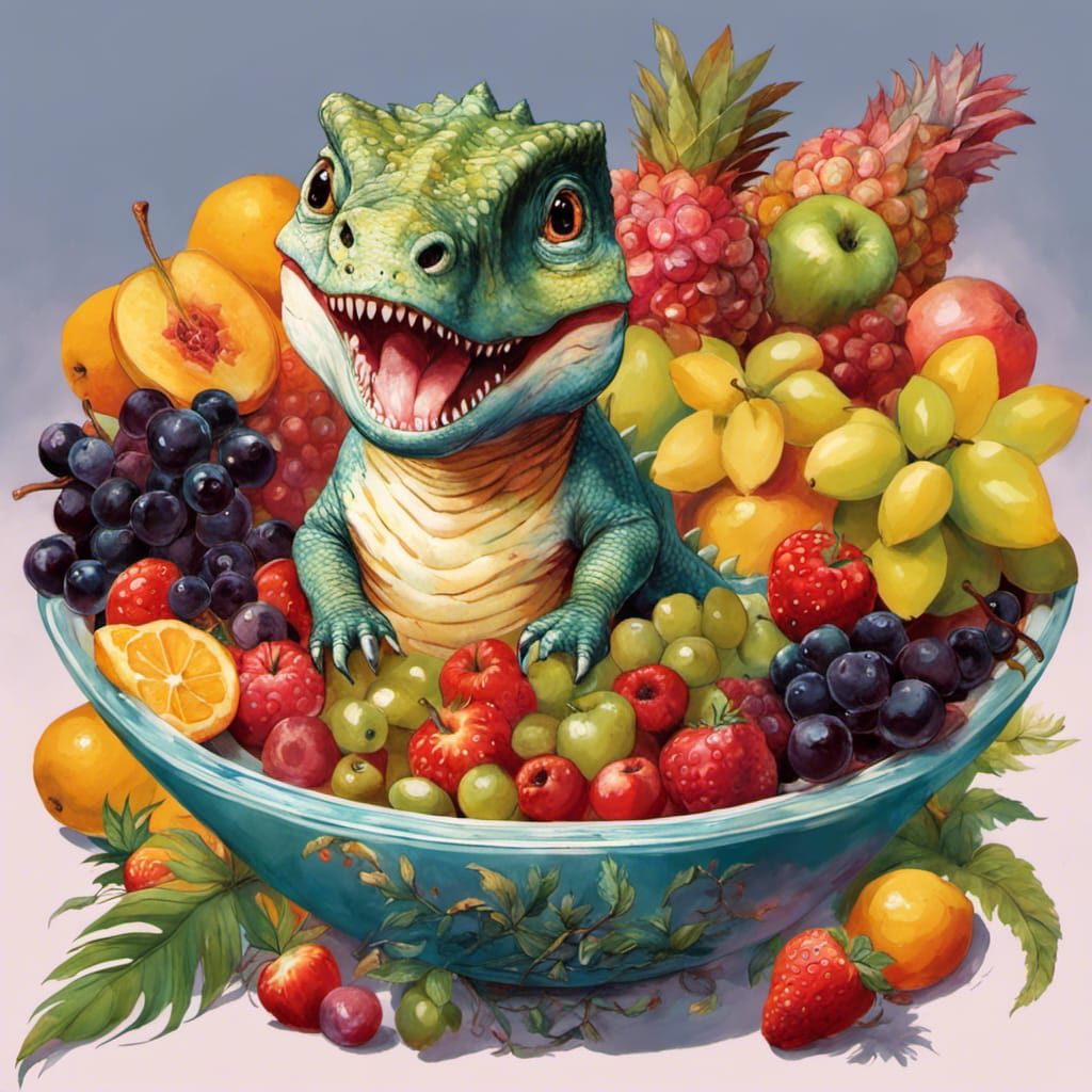 Joyful Dinosaur in Fruit Salad Still Life