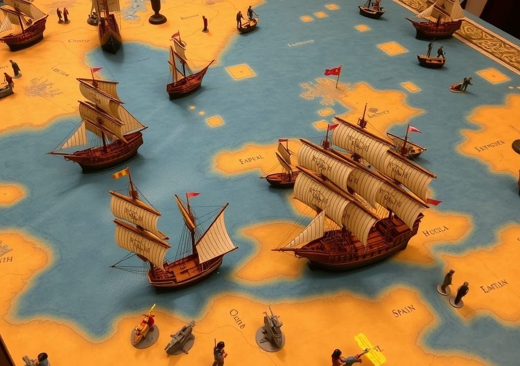 Spanish Armada Wargaming Table with Replica Galleons