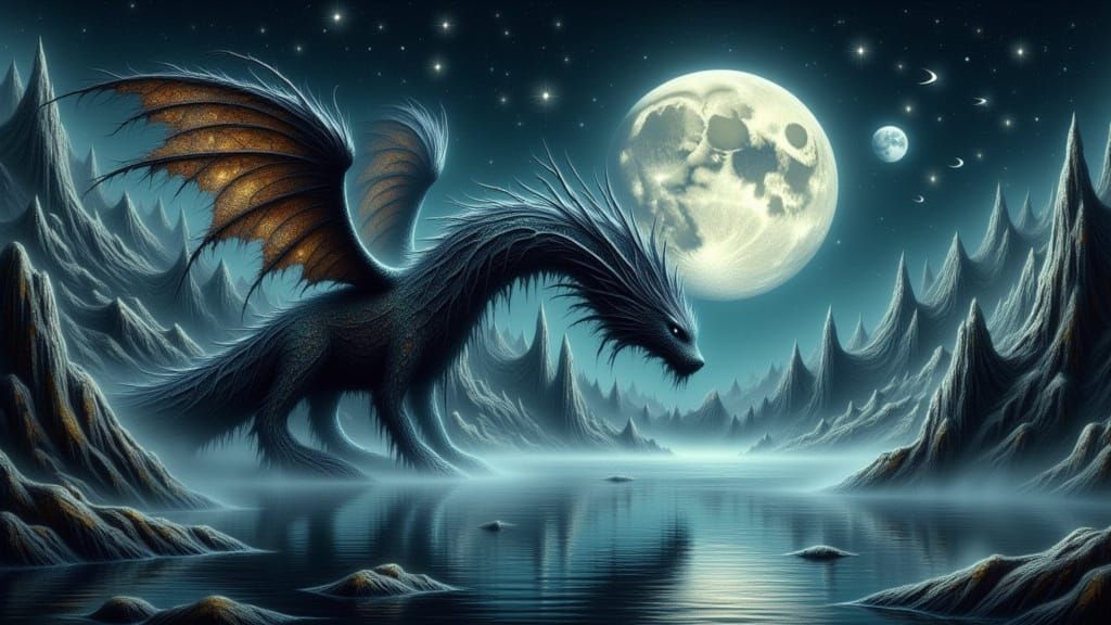 Cosmic Serpent Rises from Moonlit Lake