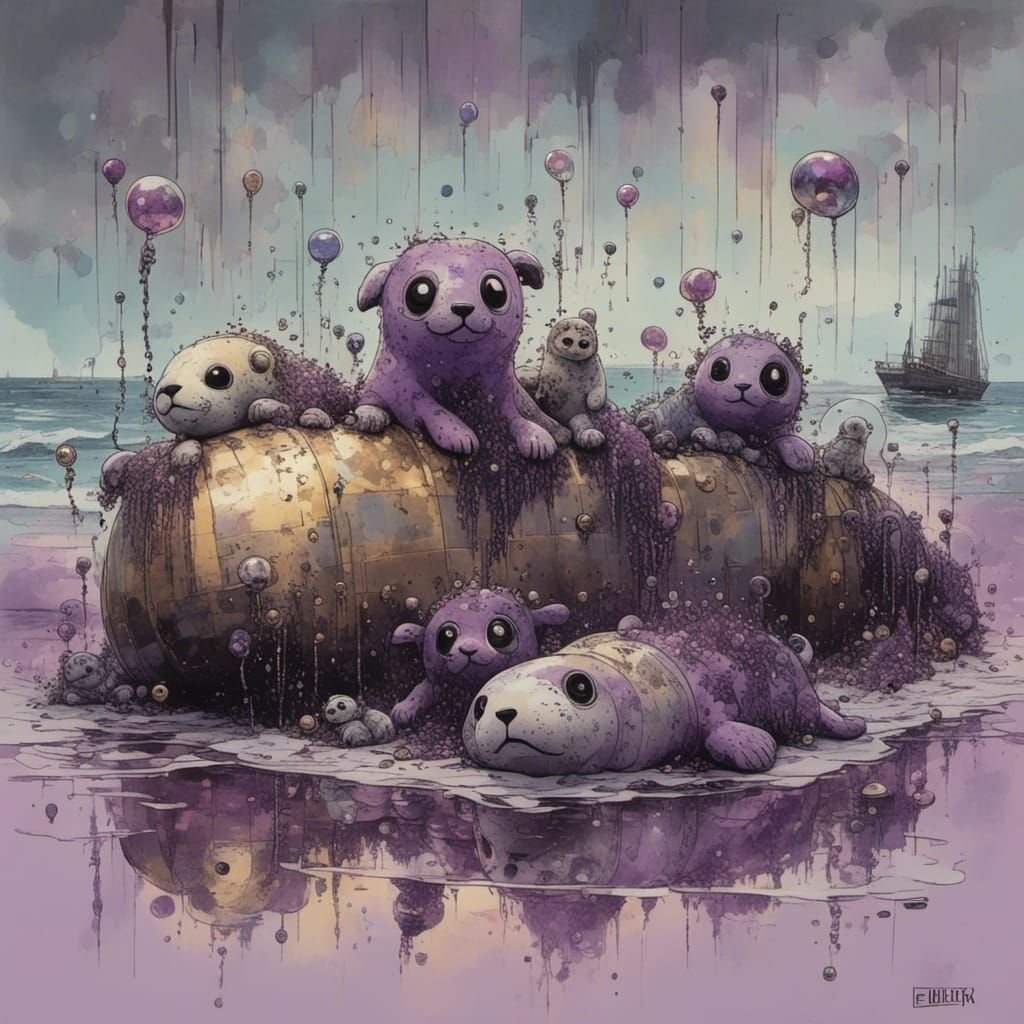 Harbor Seal Pups Playing in Waves: Chibi Realism