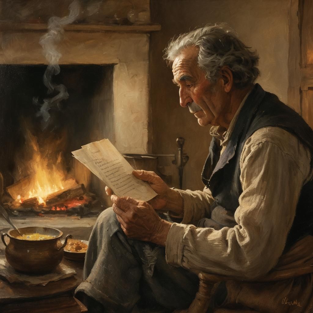 An elderly farmer reading a letter by the fireplace