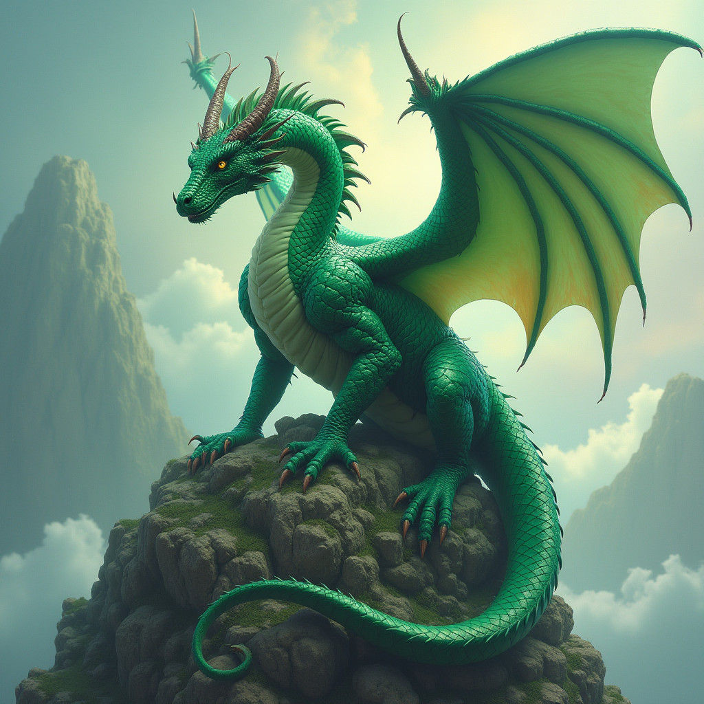 Emerald Dragon Perched on a Misty Mountain Peak