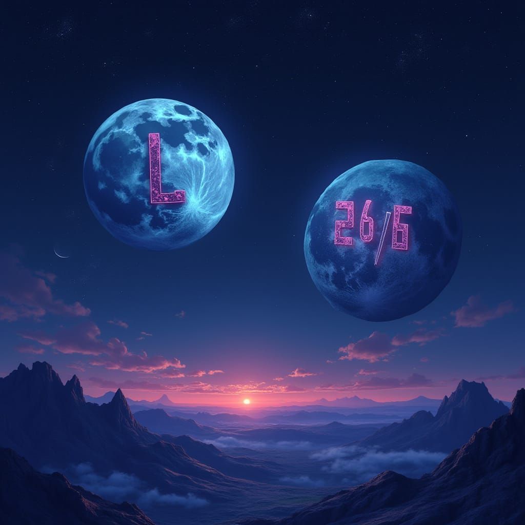 Surreal Landscape with Glowing Moons in Starry Sky