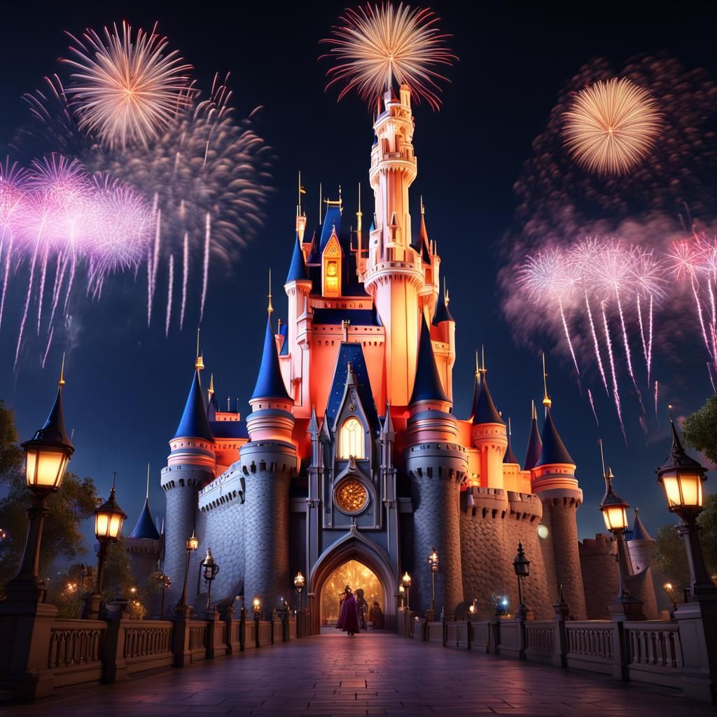 Fantasy Disney Castle with Characters and Fireworks in 3D