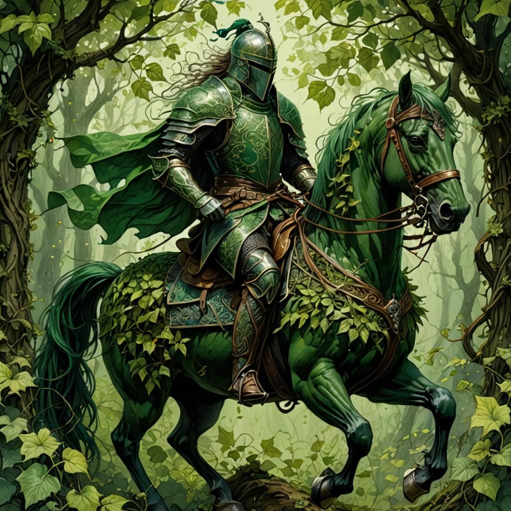 Verdant Knight on Leaf-Clad Steed: Detailed Digital Sketch