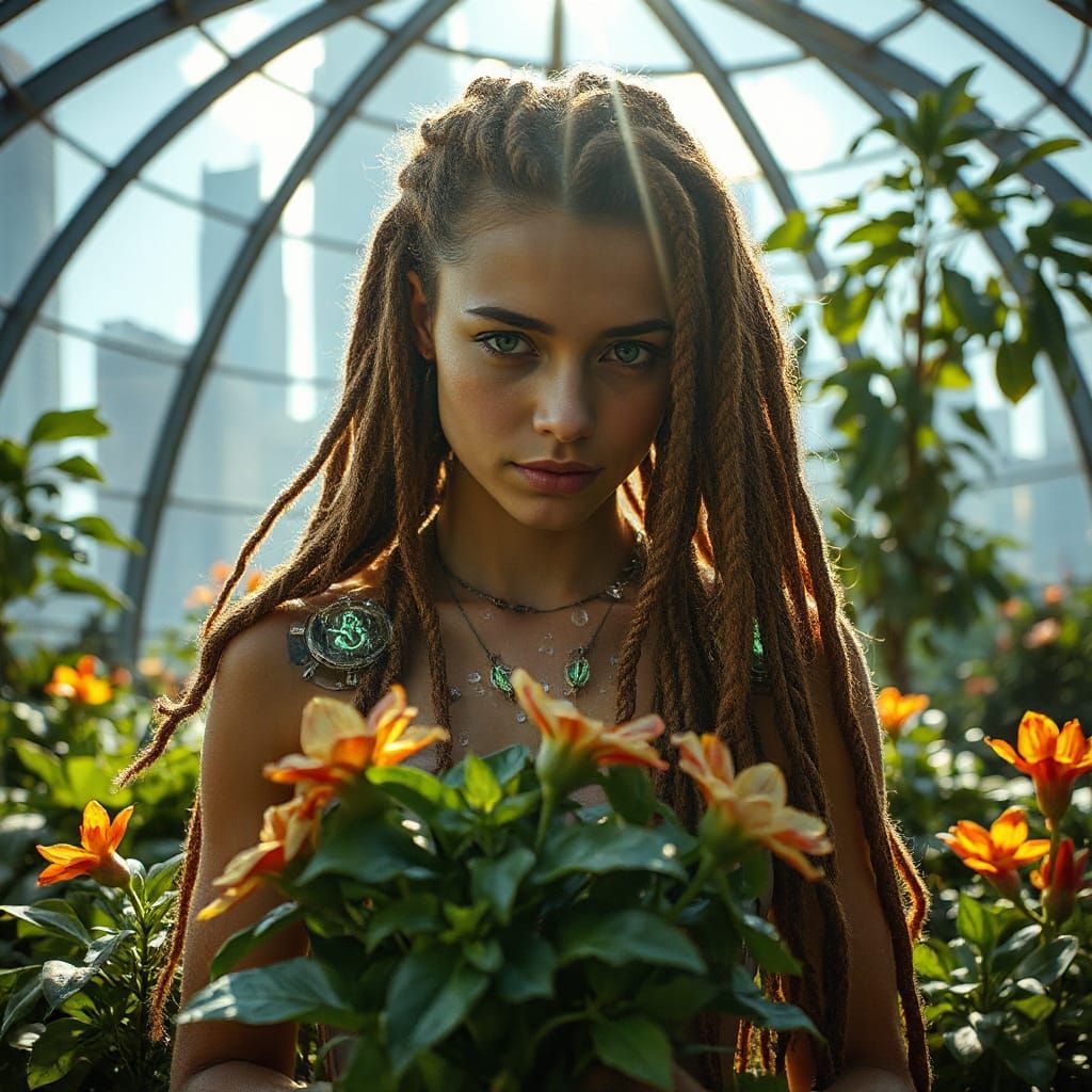 Cyberpunk Botanist in a Verdant Biodome