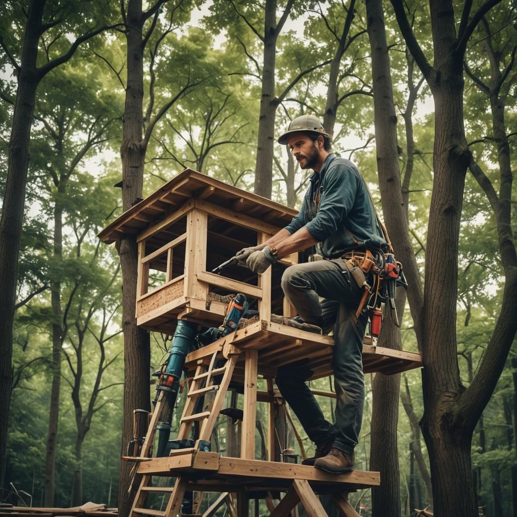 Handyman Building a Treehouse: Cinematic Film Still