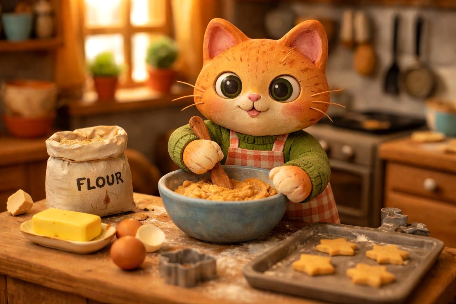 Handcrafted Claymation Cat Baking Scene
