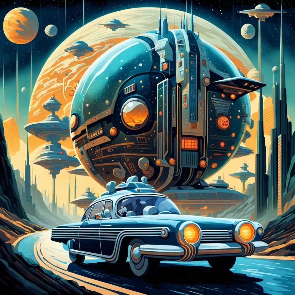 Retro Futuristic Car on Space Planet