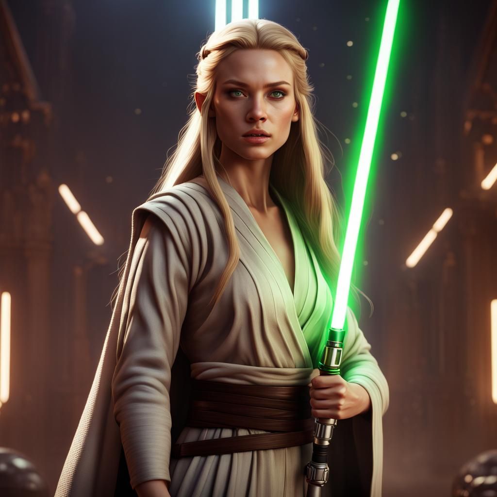 Blonde Female Jedi with Lightsaber, Detailed Matte Painting