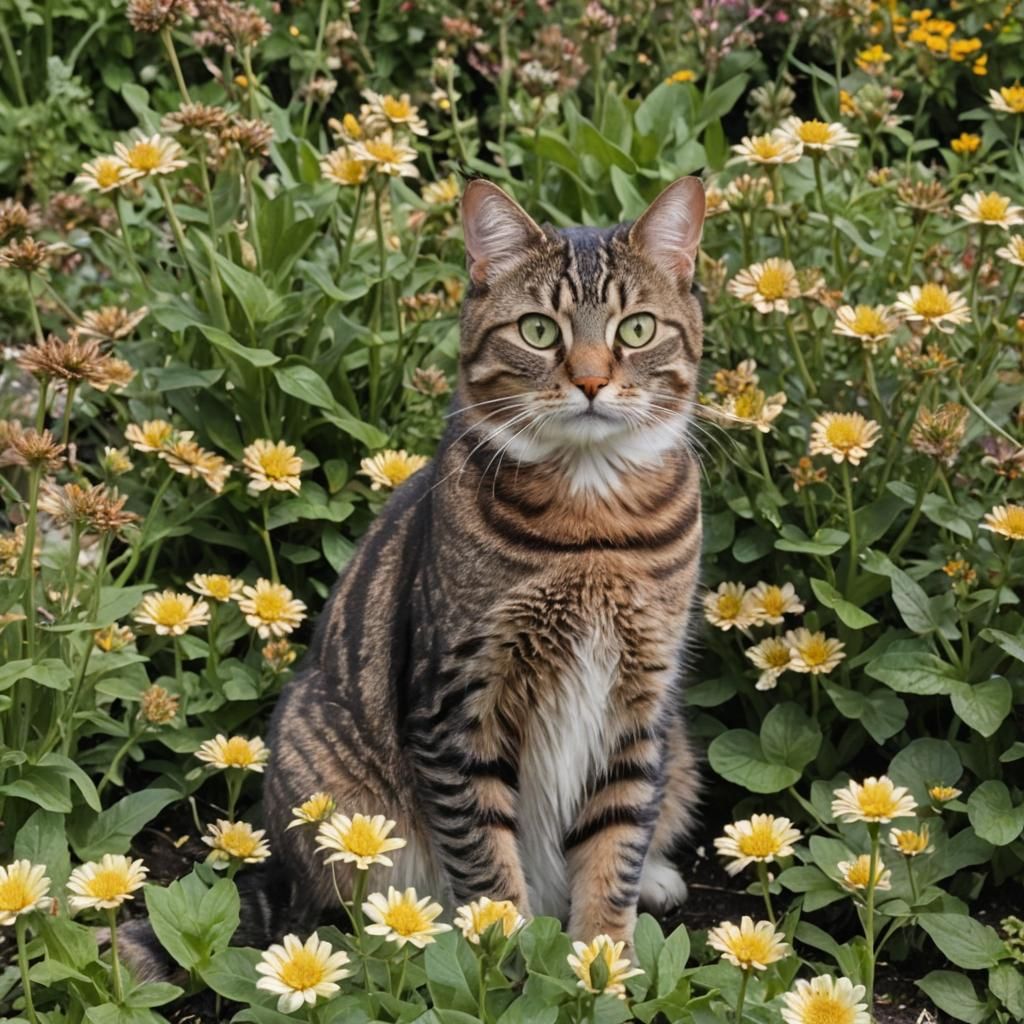Tabby Cat with Green Eyes in Flower Patch