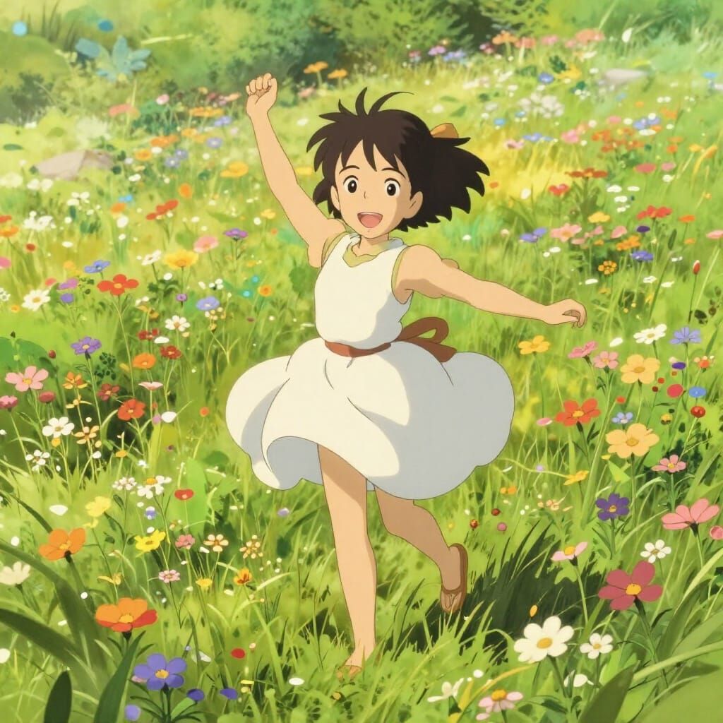 Anime Girl Dancing in Sunlit Meadow