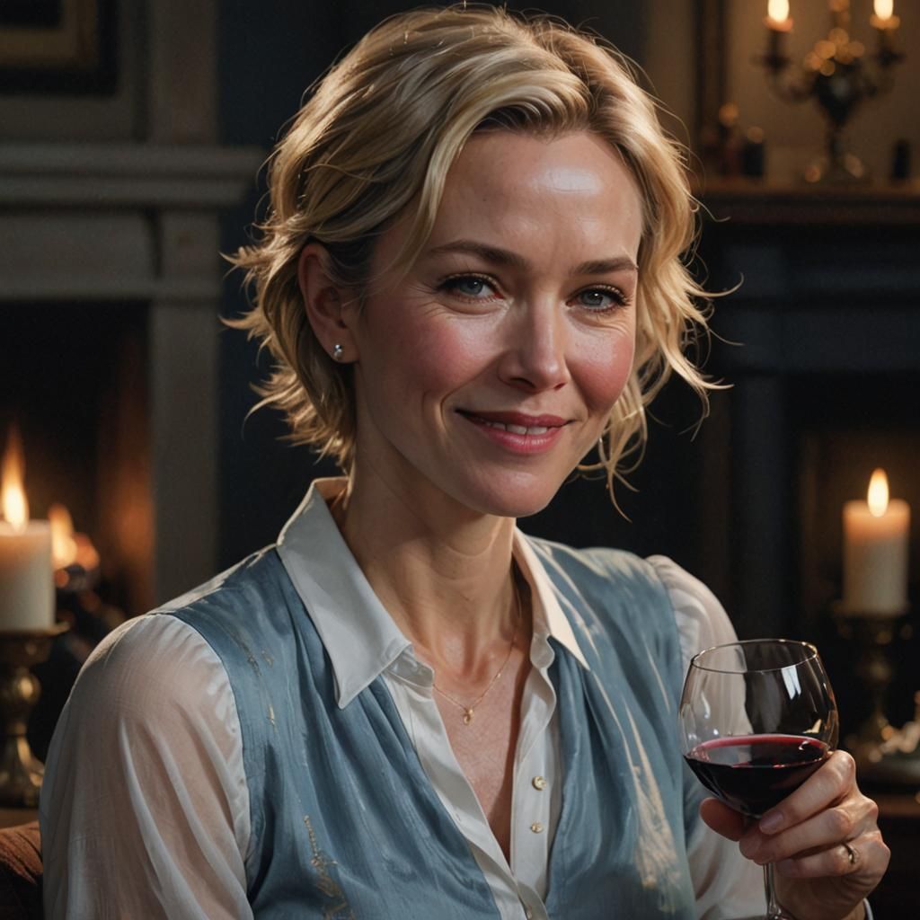 Hyperrealistic Portrait of a Woman Relaxing by Fireside