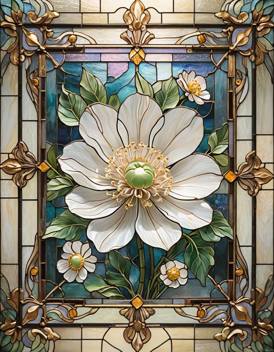 White Anemone in Ornate Stained Glass Frame