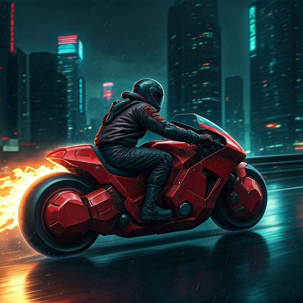 Cyberpunk Biker Speeds Through Rainy New-Tokyo Streets