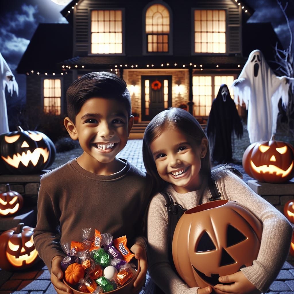 Halloween House Scene with Children Offering Candy