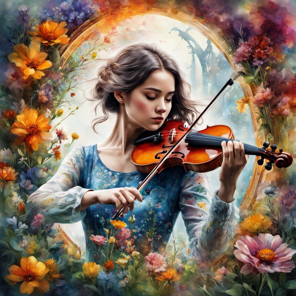 Ethereal Violinist in Art Nouveau Flowery Portal