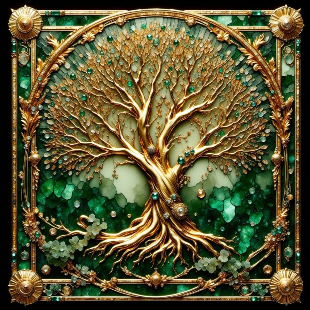 Golden Tree Stained Glass Window with Green Roses
