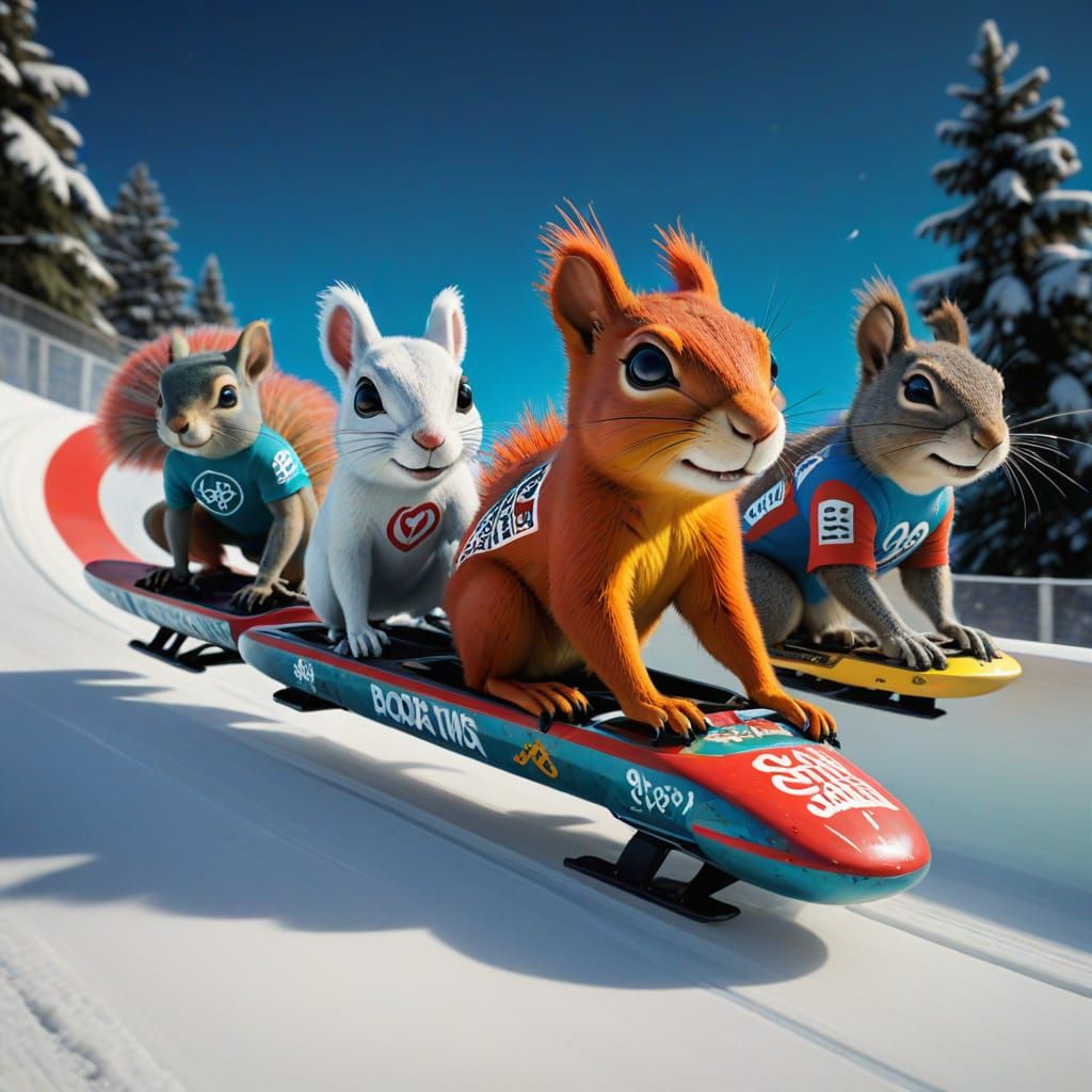 Vibrant Squirrel Bobsleigh Team in Winter Olympic Graffiti