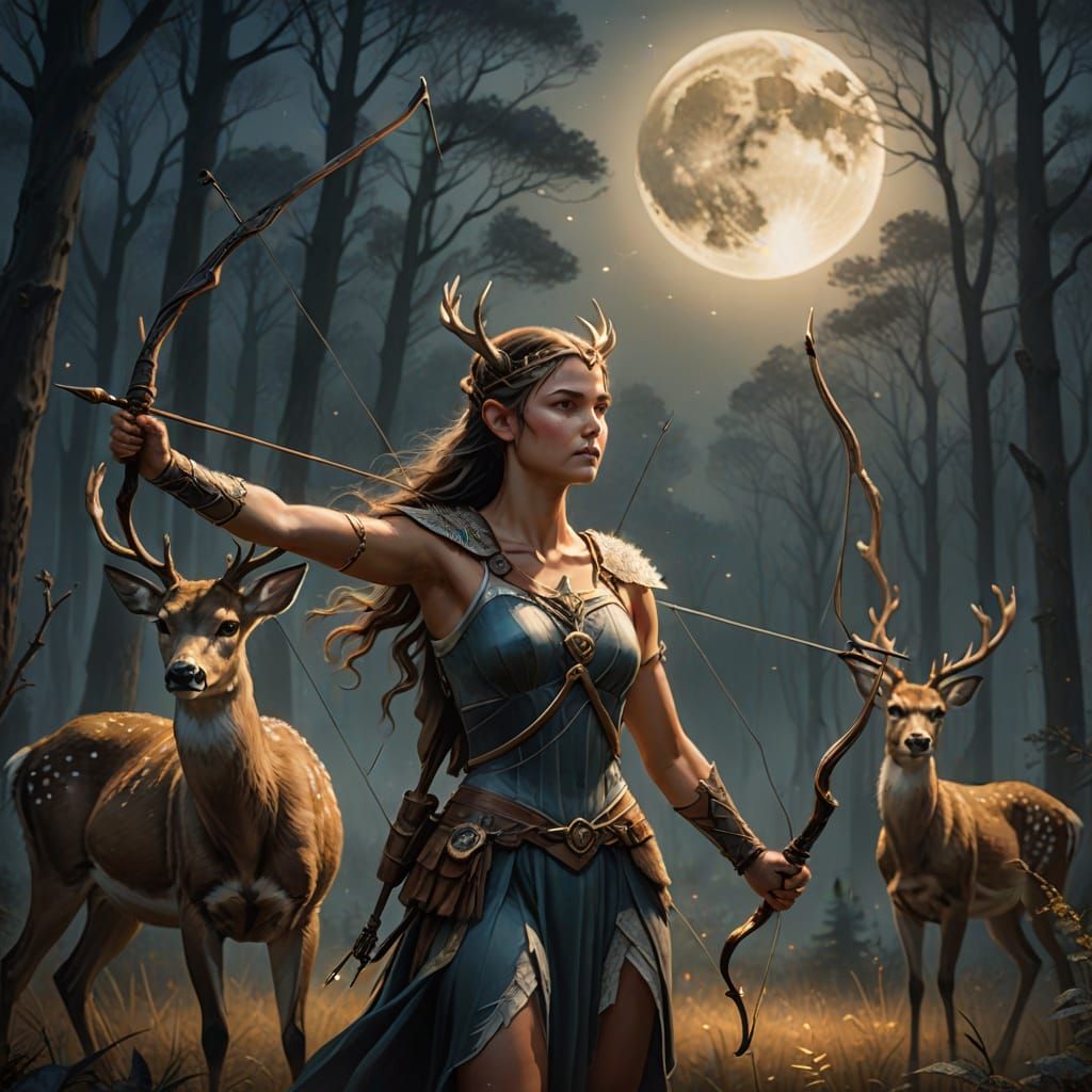 Artemis with Deer Under Moon: Mythic Realism